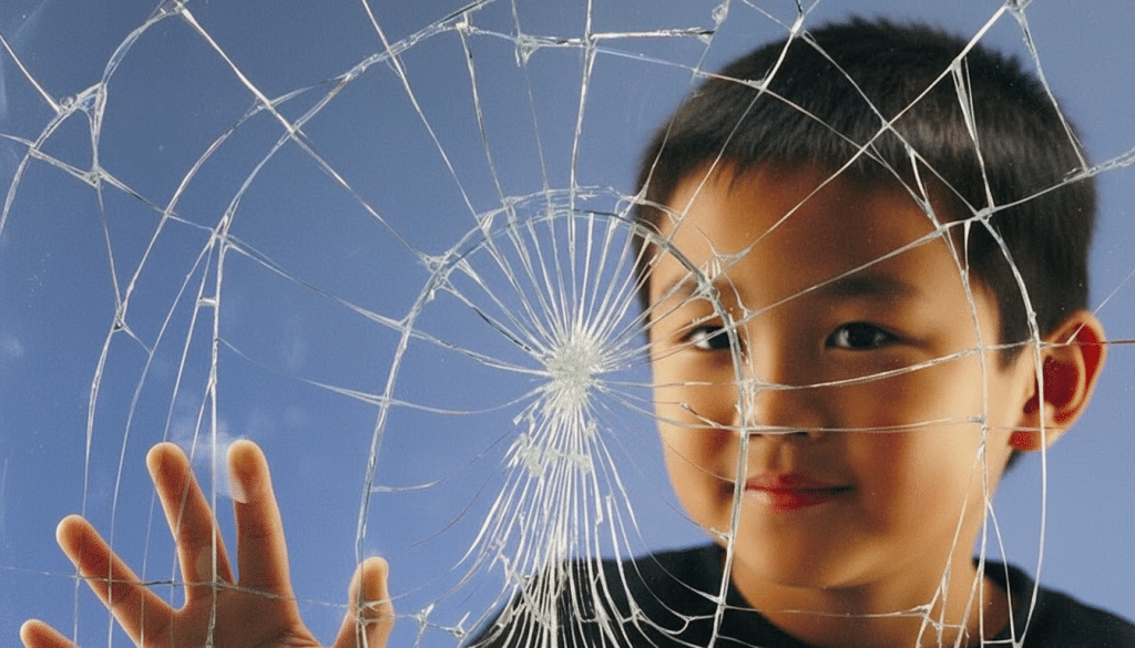 kind bij gebarsten ruit