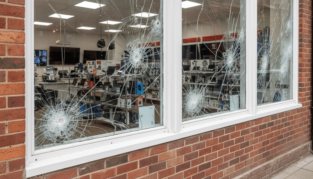 beschadigde winkelruit van elektronicazaak