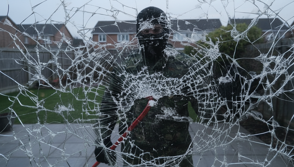 beschadigde ruit met inbreker