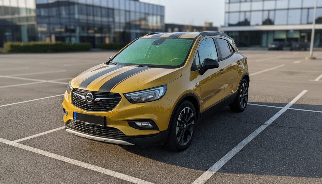Gele Opel Mokka met groene Chameleon folie