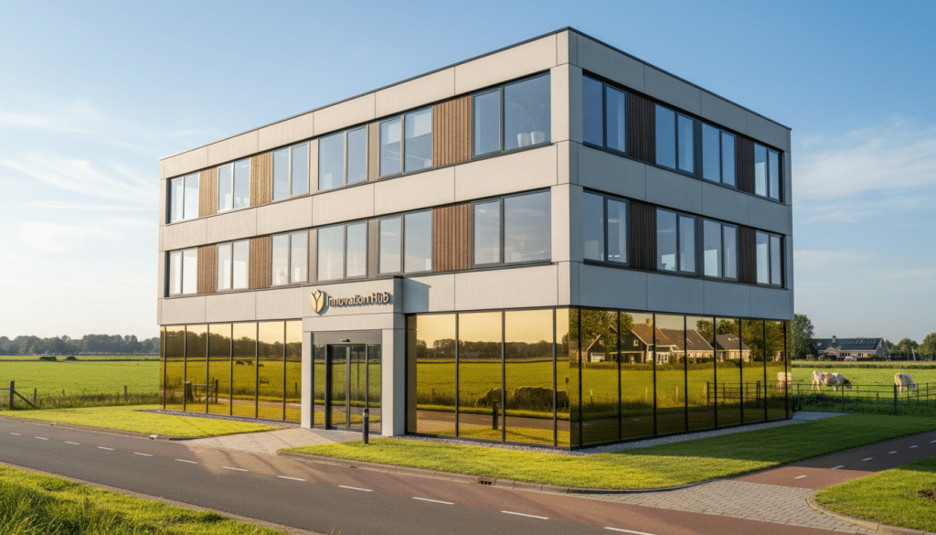 kantoor in landelijke omgeving met spiegelfolie op begane grond